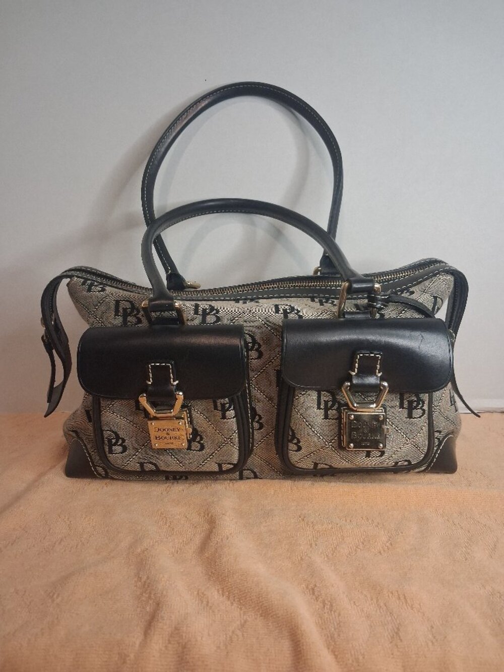 Dooney & Bourke Signature DB Canvas Leather Satchel Shoulder Bag Buckle Pocket